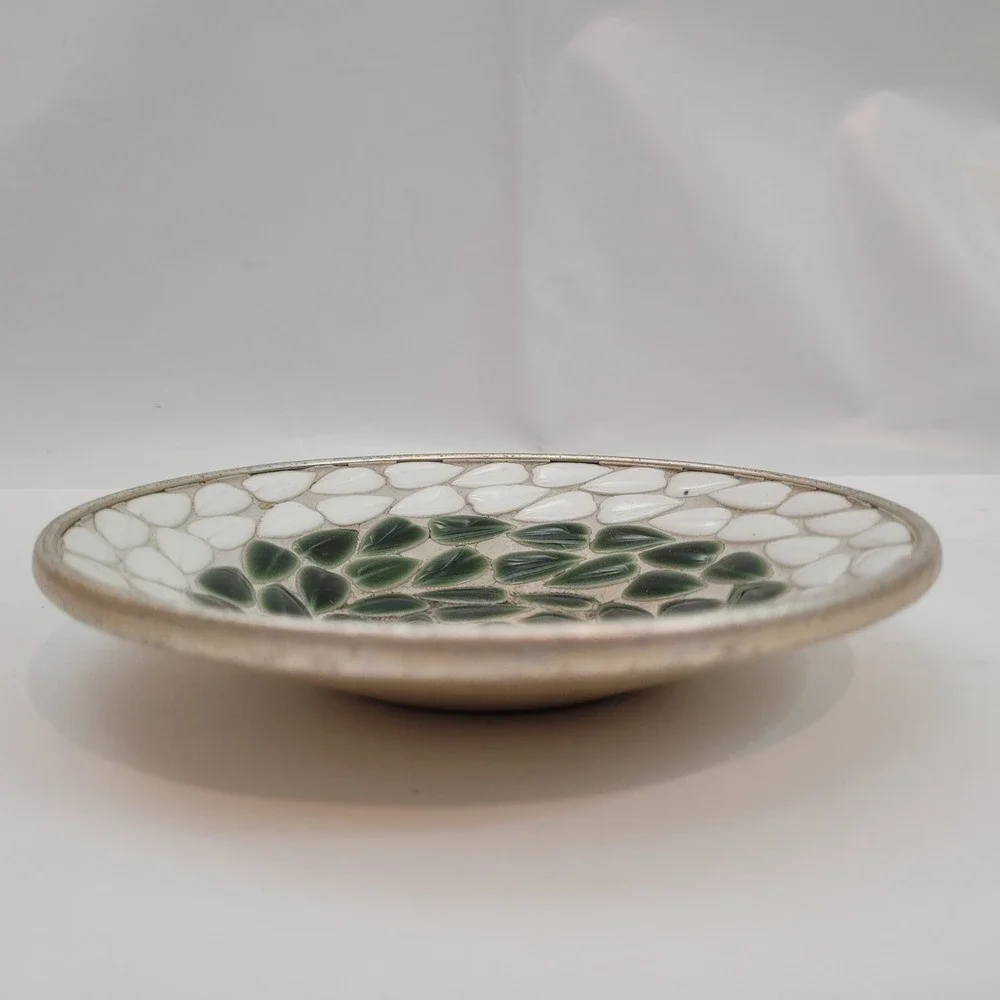 Vintage Trinket‎ Dish Green White Mosaic Spiral Gold Tone Metal 5in Mid Century